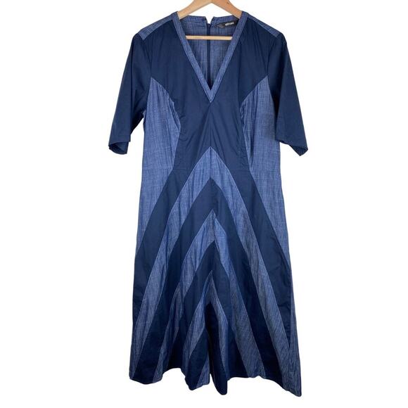 eShakti Women's Blue 100% Cotton Chambray V-Neck Shift Dress - Picture 1 of 9